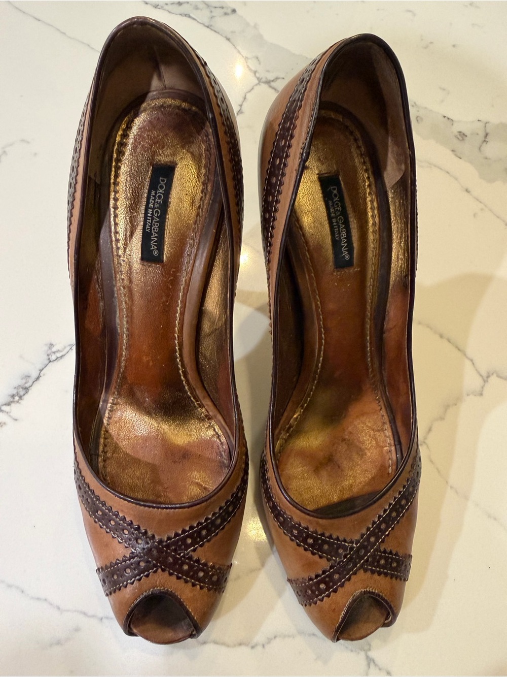 Dolce & Gabbana Two-Tone Brown Leather Peep-Toe Pumps